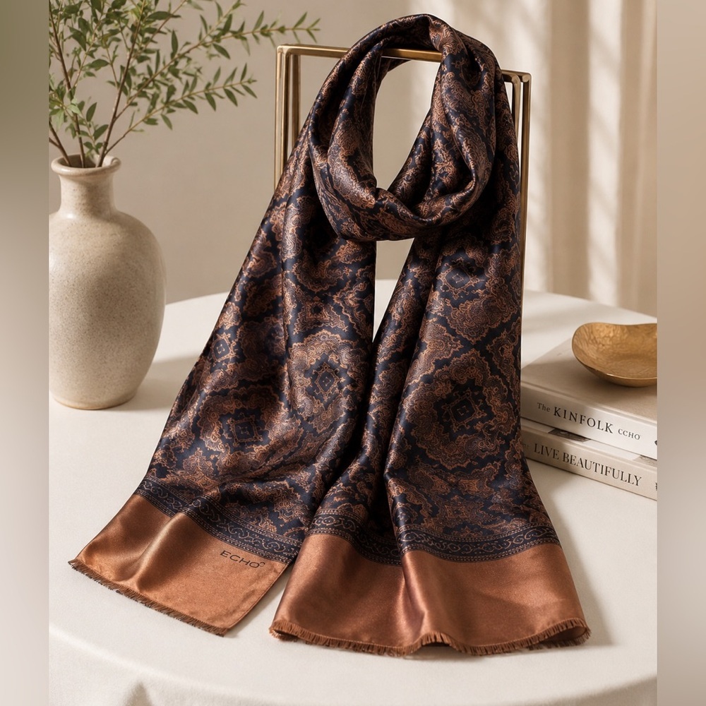 Echo Brown and Black Patterned Scarf Silky Texture